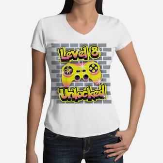 Kids 8 Year Old 8Th Video Gamer Gaming Birthday Party Boys Girls Women V-Neck T-Shirt | Crazezy UK