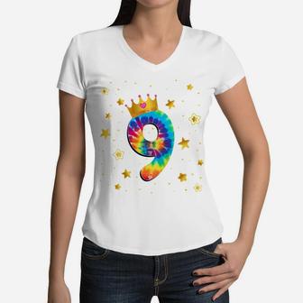 Kids 9Th Birthday Girls Colorful Tie Dye Number 9 Years Old Women V-Neck T-Shirt | Crazezy UK