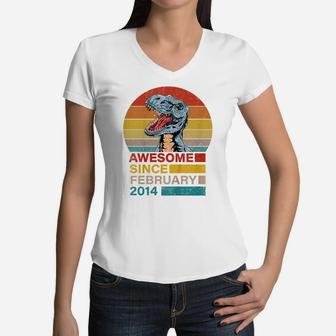 Kids Birthday Gift Awesome Since January 2014 Dinosaur 7 Years Women V-Neck T-Shirt | Crazezy AU