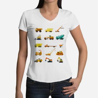 Kids Construction Site Trucks Birthday Gift Tee Machine Car Women V-Neck T-Shirt | Crazezy DE