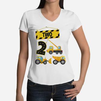 Kids Construction Truck 2Nd Birthday Boy Digger 2 Year Old Women V-Neck T-Shirt | Crazezy DE