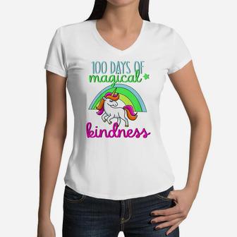 Kids Cute Girls Gift 100 Days Of Magical Kindness Unicorn Rainbow Women V-Neck T-Shirt | Crazezy CA