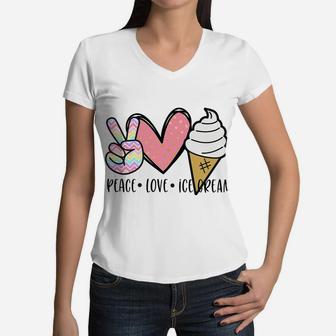 Kids Cute Kawaii Gift For Teen Girl Teenager Peace Love Ice Cream Women V-Neck T-Shirt | Crazezy