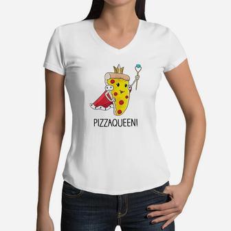 Kids Funny Pizza Queen Salami Pizza Fast Food Girl Women V-Neck T-Shirt | Crazezy DE