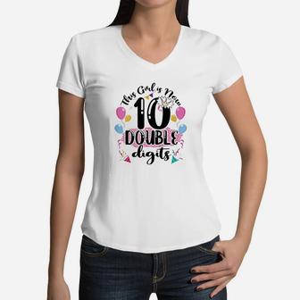 Kids Girl Is Now 10 Digits 10Th Birthday Cute Funny Gift Women V-Neck T-Shirt | Crazezy
