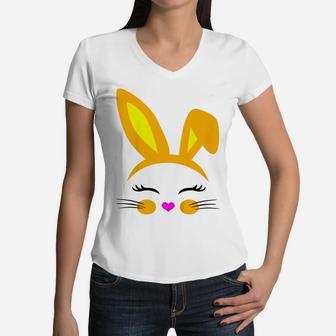 Kids Girls Easter Bunny Face With Flower Toddler Baby Daughter Women V-Neck T-Shirt | Crazezy