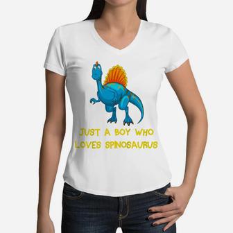Kids Just A Boy Who Loves Spinosaurus Funny Blue Dinosaur Women V-Neck T-Shirt | Crazezy UK