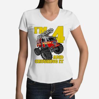 Kids Monster Fire Truck 4Th Shirt Birthday Boy 4 Firefighter Gift Women V-Neck T-Shirt | Crazezy