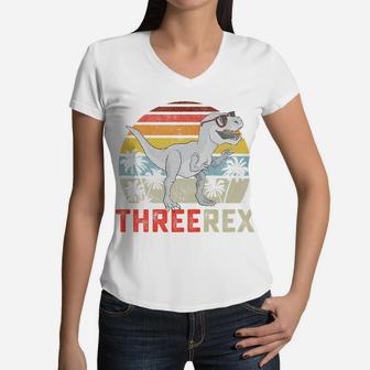 Kids Three Rex Birthday 3 Year Old Dinosaur 3Rd T Trex Boy Girl Women V-Neck T-Shirt | Crazezy