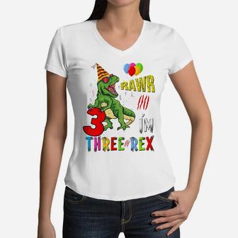 Kids Three Rex Birthday Party Outfit Dinosaur 3 Year Old Boy Girl Women V-Neck T-Shirt | Crazezy