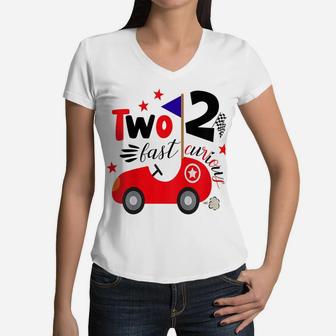 Kids Two Fast 2 Curious Funny 2Nd Birthday Second 2 Years Bday Women V-Neck T-Shirt | Crazezy CA