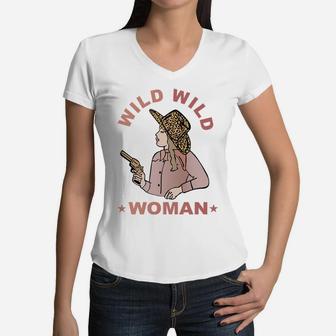 Leopard Cowgirl Hat Wild Wild Woman Western Country Cowboys Sweatshirt Women V-Neck T-Shirt | Crazezy UK