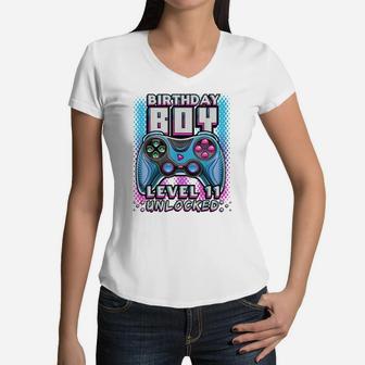 Level 11 Unlocked Video Game 11Th Birthday Gamer Boys Women V-Neck T-Shirt | Crazezy UK