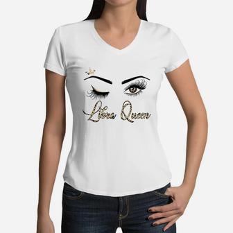 Libra Zodiac Birthday Leopard Print Gift For Girls Women Women V-Neck T-Shirt | Crazezy