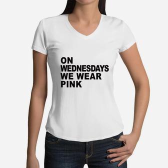 Mean Girls On Wednesdays We Wear Pink Stacked Text Women V-Neck T-Shirt | Crazezy