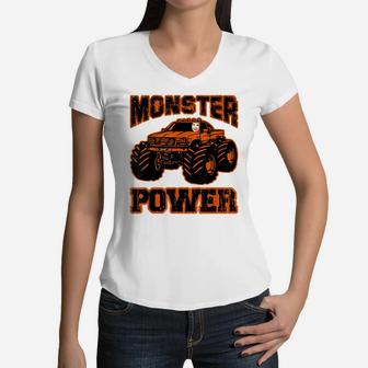 Monster Power Boy In Monster Truck Women V-Neck T-Shirt | Crazezy AU