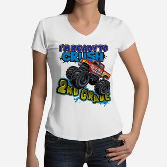 Monster Truck Ready To Crush 2Nd Grade Boys Back To School Women V-Neck T-Shirt | Crazezy
