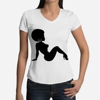 Natural Hair Afro Female Mudflap Girl Silhouette Women V-Neck T-Shirt | Crazezy AU