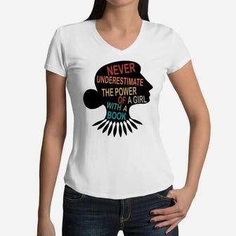 Never Underestimate The Power Of A Girl With Book Feminist Sweatshirt Women V-Neck T-Shirt | Crazezy CA