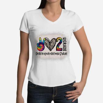 Peace Love 2Nd Grade Girls Teacher Back To School Bleached Women V-Neck T-Shirt | Crazezy