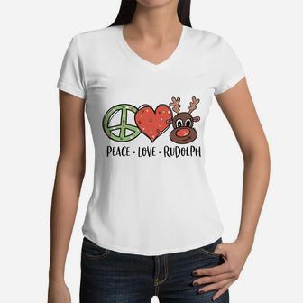 Peace Love & Rudolph Reindeer Christmas Xmas Kids Girls Women V-Neck T-Shirt | Crazezy