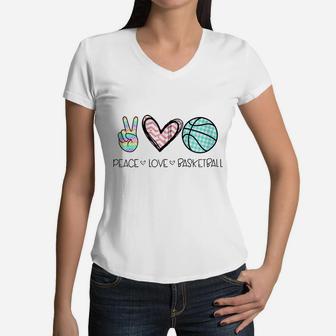 Peace Love Basketball Cute Design For Women Teen Girls Zip Hoodie Women V-Neck T-Shirt | Crazezy CA