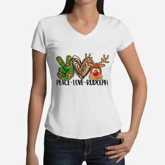 Peace Love Rudolph Reindeer Christmas Xmas Kids Girls Women V-Neck T-Shirt | Crazezy