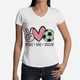 Peace Love Soccer Cute Design For Women Teen Girls Toddler Women V-Neck T-Shirt | Crazezy