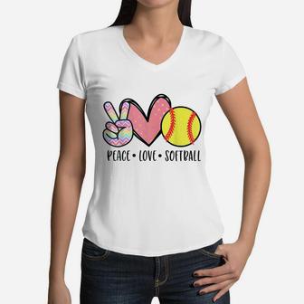 Peace Love Softball Cute Design For Women Teen Little Girls Women V-Neck T-Shirt | Crazezy AU