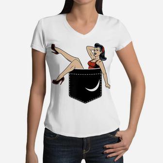 Pin Up Girl In Pocket Funny Vintage Retro Illustration Gifts Women V-Neck T-Shirt | Crazezy UK