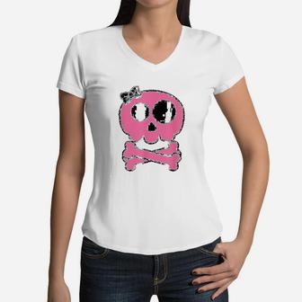 Pink Skull And Crossbones Girl Pirate Women V-Neck T-Shirt - Thegiftio