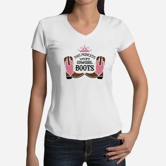Princess Cowboy Boots Western Cowgirl Women V-Neck T-Shirt | Crazezy