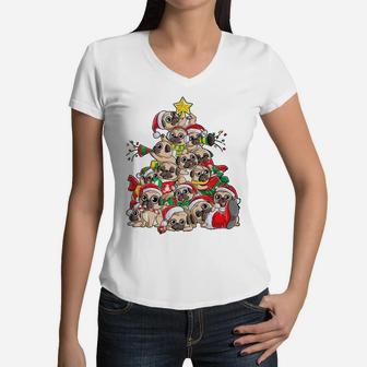 Pug Christmas Tree Dog Santa Merry Pugmas Xmas Gifts Boys Women V-Neck T-Shirt | Crazezy