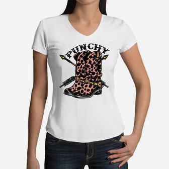 Retro Cowgirl Boots Leopard Punchy Western Country Cowboy Women V-Neck T-Shirt | Crazezy