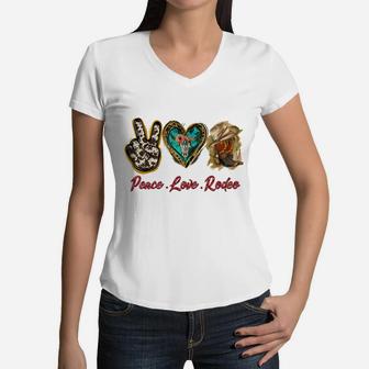 Retro Peace Love Rodeo Cowboy Boots Western Country Cowgirl Women V-Neck T-Shirt | Crazezy