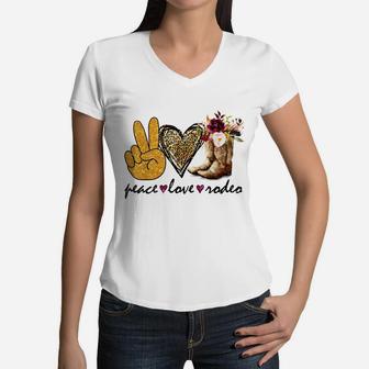 Retro Peace Love Rodeo Cowboy Boots Western Country Cowgirl Women V-Neck T-Shirt | Crazezy