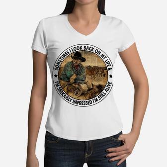 Retro Western Cowboy Sometimes I Look Back On My Life Horse Sweatshirt Women V-Neck T-Shirt | Crazezy
