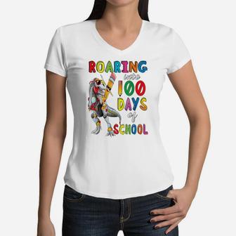 Roaring Into 100 Days Of School Trex Dabbing Pencil Boys Kid Women V-Neck T-Shirt | Crazezy