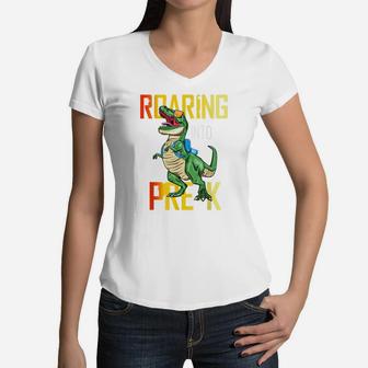 Roaring Into Pre-K T Rex Dinosaur Back To School Boys Women V-Neck T-Shirt | Crazezy AU
