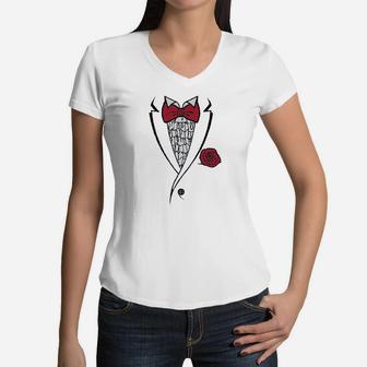 Ruffled Tuxedo Suit With Red Bow Tie Boys Women V-Neck T-Shirt | Crazezy AU