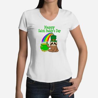 Saint Patricks Day Sloth Cute Funny St Pattys Kids Women V-Neck T-Shirt - Thegiftio UK