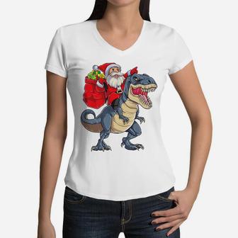 Santa Riding Dinosaur T Rex Christmas Gifts Boys Men Xmas Women V-Neck T-Shirt | Crazezy CA