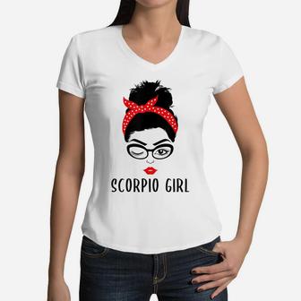 Scorpio Girl Astrology Wink Eye Woman Face Zodiac Gift Women V-Neck T-Shirt | Crazezy DE
