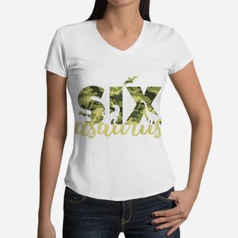Sixasaurus Kids 6Th Birthday Party Camo Dinosaur T Rex Gift Women V-Neck T-Shirt | Crazezy DE