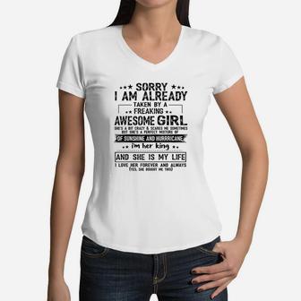 Sorry I Am Already Taken By A Freaking Awesome Girl Women V-Neck T-Shirt | Crazezy UK