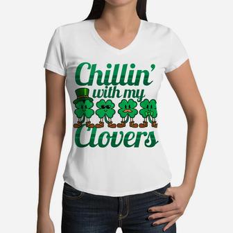 St Patricks Day Chillin With My Clovers Kids Lucky Shamrock Women V-Neck T-Shirt | Crazezy