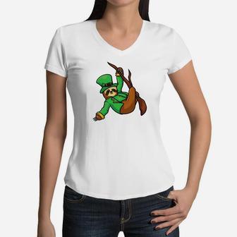 St Patricks Day Lazy Sloth Green Gift For Boys Kids Women V-Neck T-Shirt - Thegiftio UK