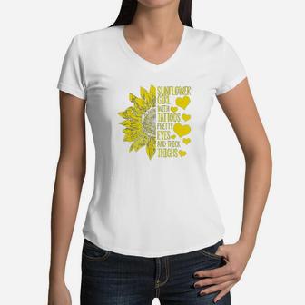 Sunflower Girl With Tattoos Pretty Eyes And Thick Thighs Women V-Neck T-Shirt | Crazezy