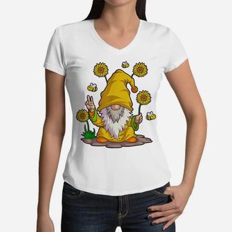Sunflower Gnome Shirt Women Buffalo Plaid Girls Flower Lover Women V-Neck T-Shirt | Crazezy CA