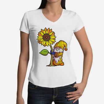 Sunflower Gnome Shirt Women Buffalo Plaid Girls Flower Lover Women V-Neck T-Shirt | Crazezy AU